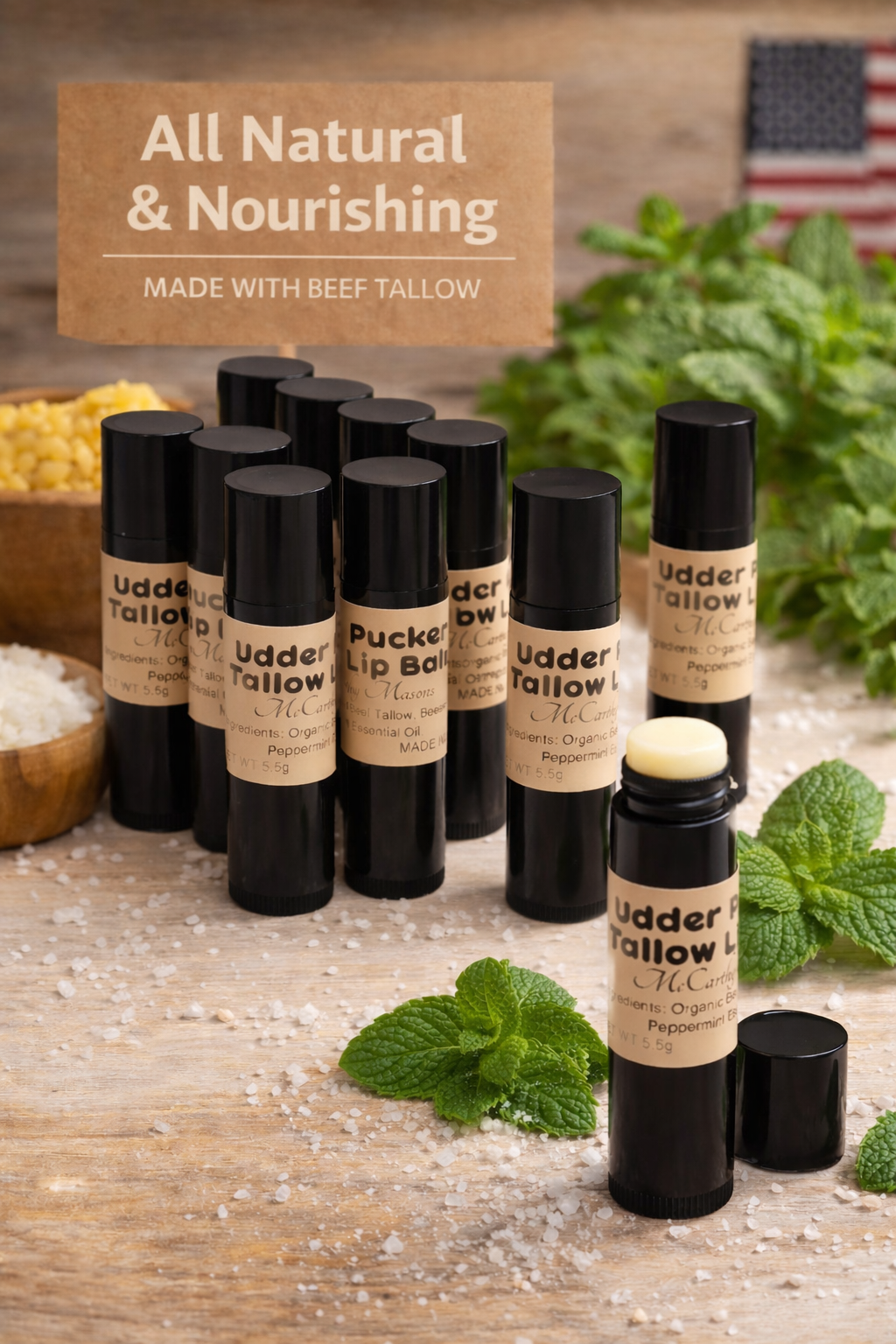 Udder Pucker Tallow Lip Balm 3 Pack – Natural Lip Balm Set for Soft, Hydrated Lips